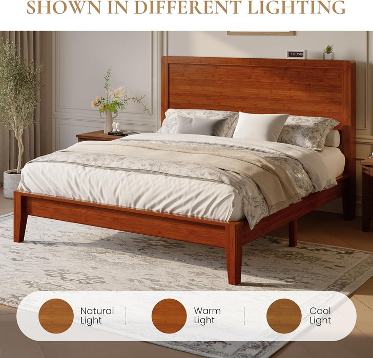 Full Size Bamboo Bed Frame, Japanese Joinery, Warm Brown