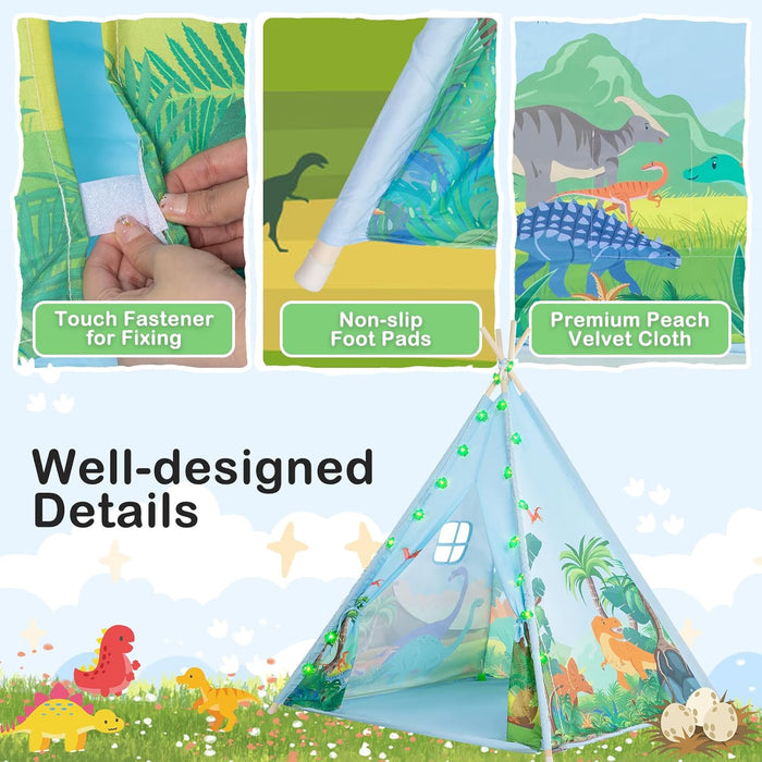 Teepee Tent for Kids, Toddlers Dinosaur Play Tent with LED String Lights, Foldable Children Teepee Tent Toy W/Storage Bag, Indoor Outdoor Pretend Playhouse Gift for Boys Girls Ages 3+