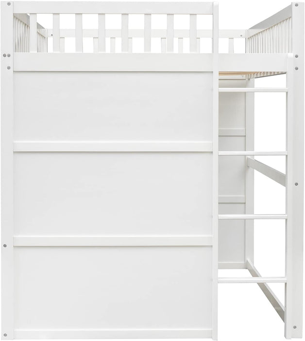 Full Size Wood House Loft Bed with Ladder, Kids Playhouse Bed with Window for Girls Boys, White+Gray