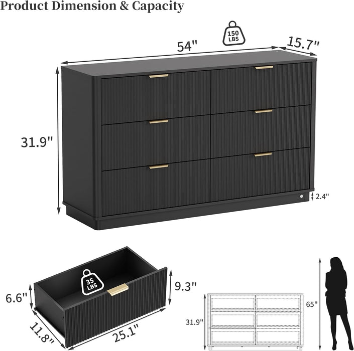 Fluted Dresser for Bedroom with 6 Drawers, 54" Wide Modern Chest of Drawers with Lighting, Wooden Dresser TV Stand with Curved Edges, Closet Organizer for Living Room, Hallway, Black