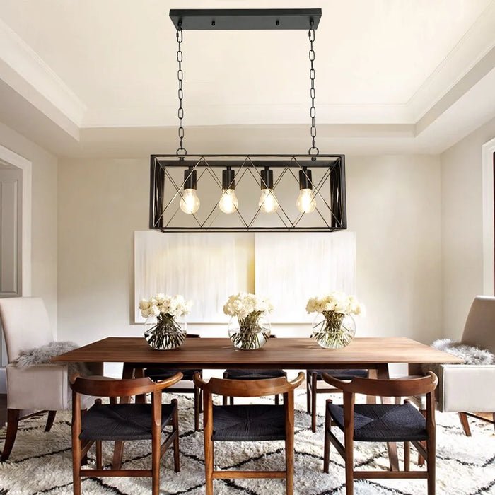 4-Light Industrial Chandelier Light Fixture Farmhouse Kitchen Island Pendant Lighting Modern Black Metal Frame Ceiling Light, E26 Bulbs Included