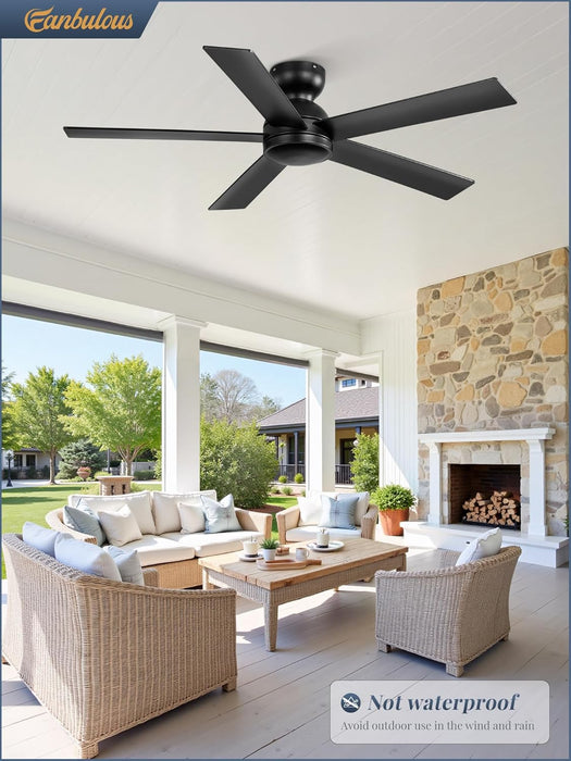 48 Inch Flush Mount Ceiling Fan No Light, Black Ceiling Fan with Remote, 6-Speeds, Quiet Reversible DC Motor, Indoor/Outdoor Ceiling Fans without Lights for Patio, Living Room, Bedroom