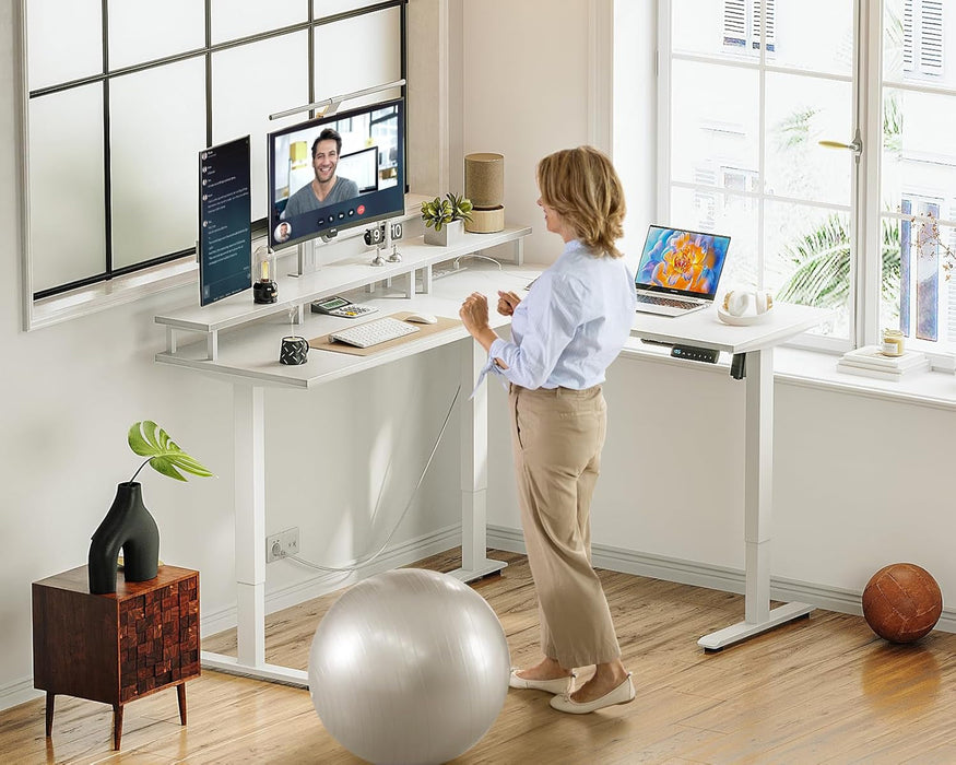 Electric L-Shaped Standing Desk, 59 Inch Height Adjustable Office Desk with Monitor Stand, Sit-Stand Desk with Power Outlets, Large Lift Table for Home, Office, Workstation, White