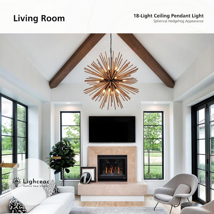 37.4" Farmhouse Sputnik Chandelier for Dining Room Rustic Handmade Natural Wood 18-Light Hanging Ceiling Pendant Light Fixture Starburst Wood Chandeliers for Kitchen Bedroom Foyer Hallway