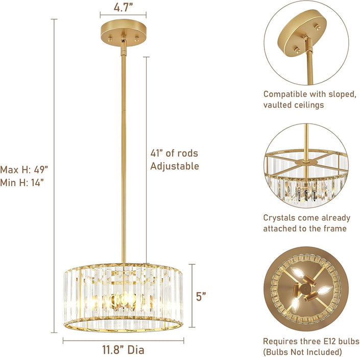 Gold Crystal Chandelier, Small Modern Semi Flush Mount Ceiling Chandelier Light Fixtures, round Hanging Lighting Fixture for Kitchen Bedroom Hallway Entryway Laundry Room, 3-Light, 11.8 Inch