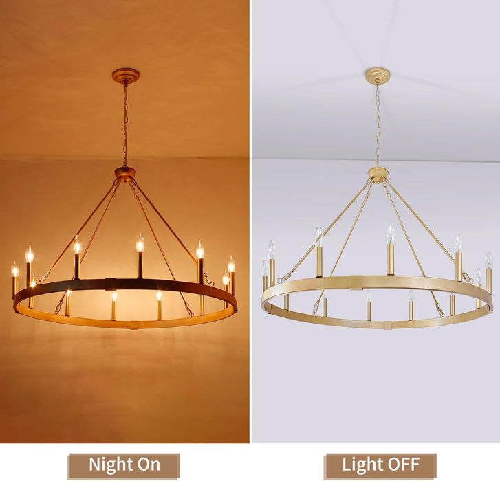 Gold Wagon Wheel Chandelier 37.4 Inch, 12-Light Large round Industrial Gold Farmhouse Chandeliers for High Ceilings Dining Room Living Room Foyer Entryway Outdoor Porch