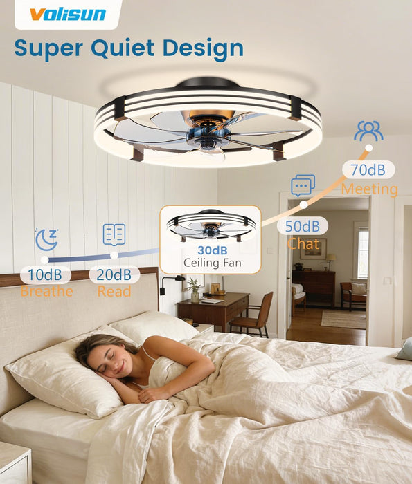 Low Profile Ceiling Fans with Lights and Remote, 24In Flush Mount Ceiling Fan with Light, 3000K-6500K Dimmable Fandelier LED Fan Light, Black Bladeless Ceiling Fans with Lights for Bedroom