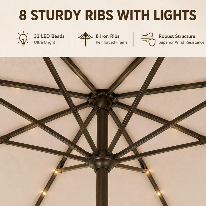 10FT Solar Lighted Patio Umbrella, Outdoor Table Market Umbrellas with Push Button Tilt and Crank, 32 LED Lights, 8 Sturdy Ribs, Uv-Resistant for Deck, Garden, Pool