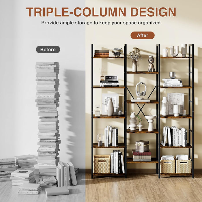 Triple Column 5 Tier Bookshelf, Industrial Large Bookcase Display Shelves, Large Etagere Bookshelf,Wide Book Shelf Book Case for Home & Office, Rustic Brown