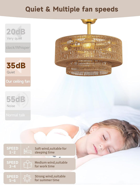 Boho Caged Fandelier with Lights Flush Mount Rattan Ceiling Fan