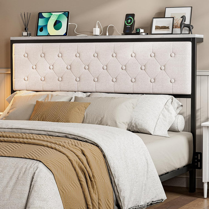 Headboard Queen Size with Storage and Charging Station, Upholstered Queen Storage Headboard Only with Bed Frame Brackets Adapter, Button Tufted Design, Easy Assembly, Beige