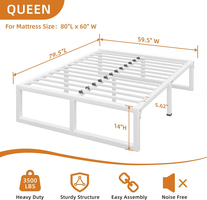14 Inch Metal Queen Bed Frame with Steel Support, Noise-Free