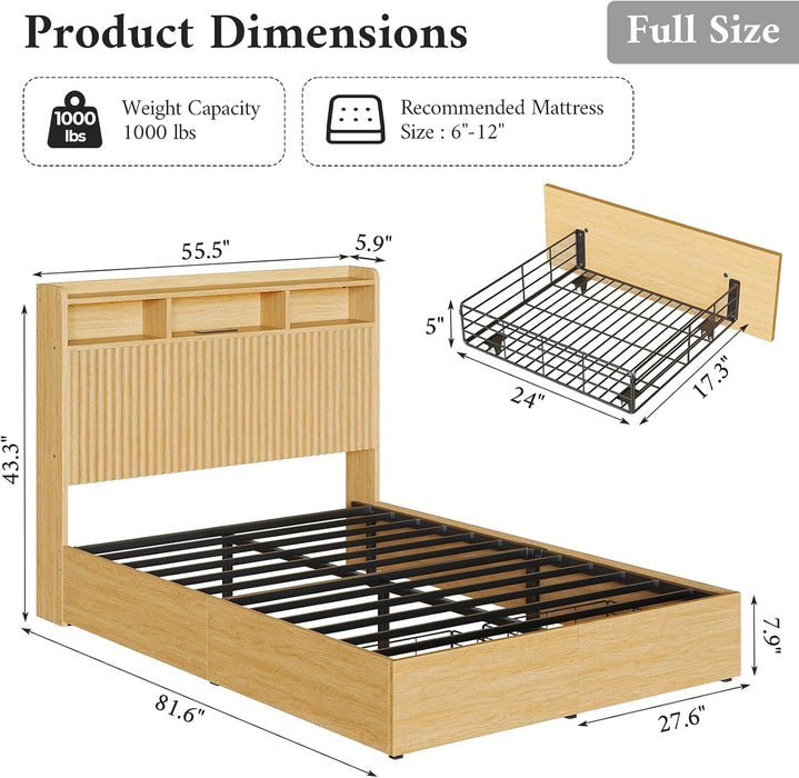 Full Size Bed Frame with Headboard and Storage Drawers, Full Platform Bed Frame with LED Lights and Charging Station, Fluted Wood Grain Design, No Box Spring Needed, Oak