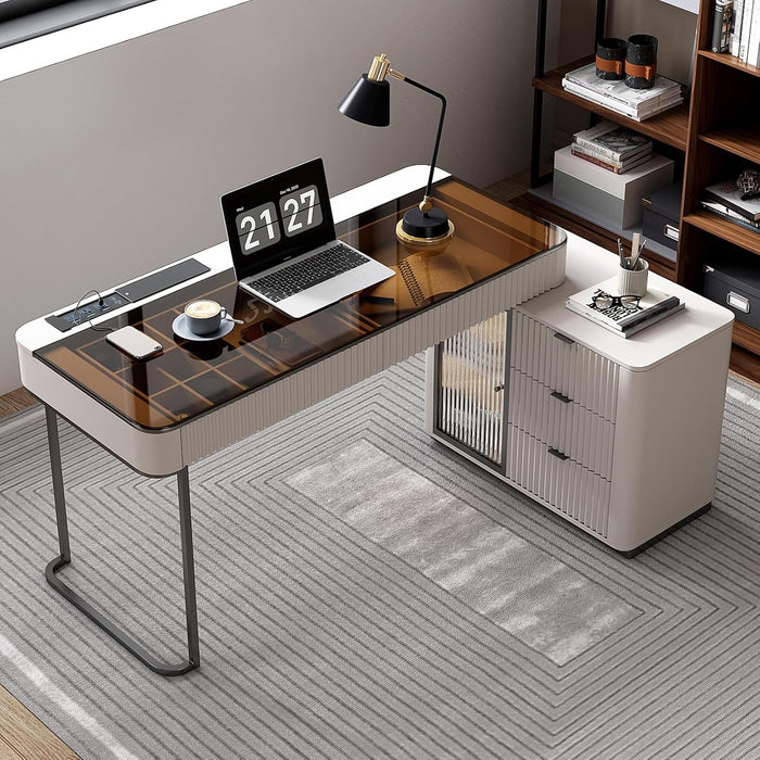 Ivory 50 Inch Office Computer Desk WithCabinetLEDlights