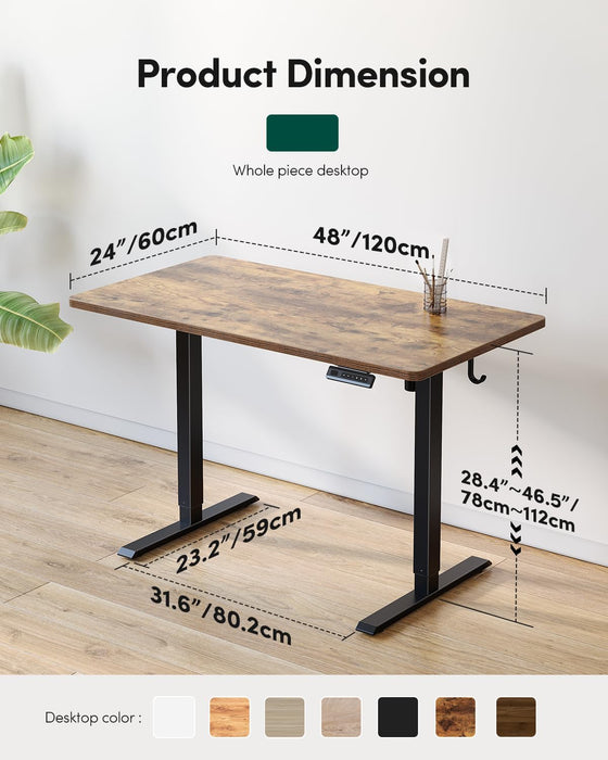 48 X 24 Large One-Piece Standing Desk, Adjustable Height Electric Computer Home Office Sit Stand up Workstation, with 4 Memory Presets, Headphone Hook, Rustic Brown