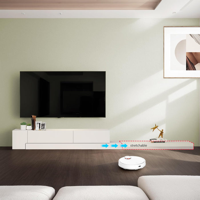 Retractable TV Stand, Solid Wood Minimalist TV Shelf, Mid-Century TV Console with 1 Door & 2 Drawers, Adjustable 71'' to 122'' Entertainment Media Console Center Large Storage under TV