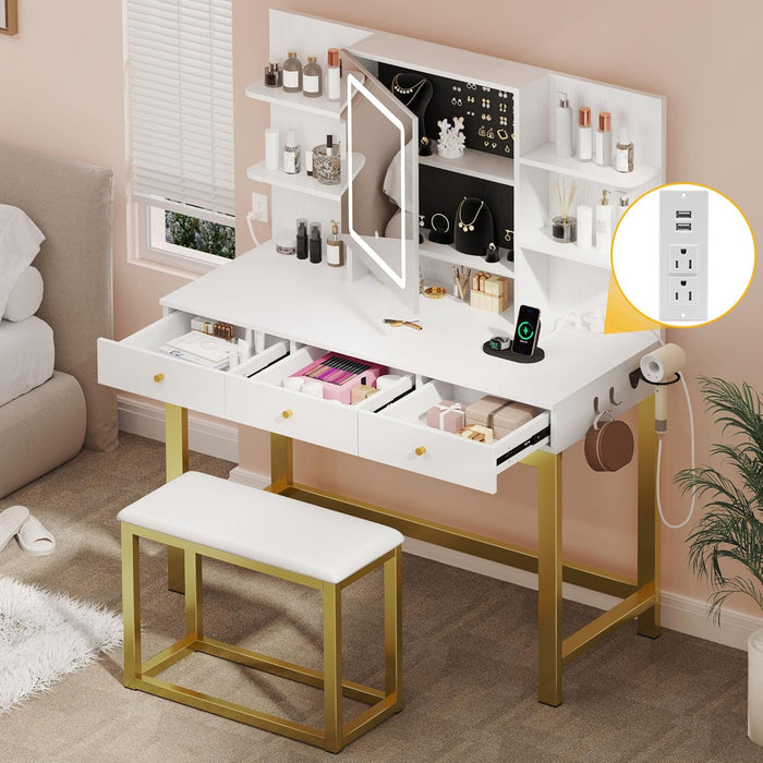 Makeup Vanity Desk Set with Mirror and Lights & Charging Station & Makeup Stool, 3 Drawers Vanity Table with 3 Hidden Storage Shelves for Bedroom (White & Gold) 39.5" W, Upgraded