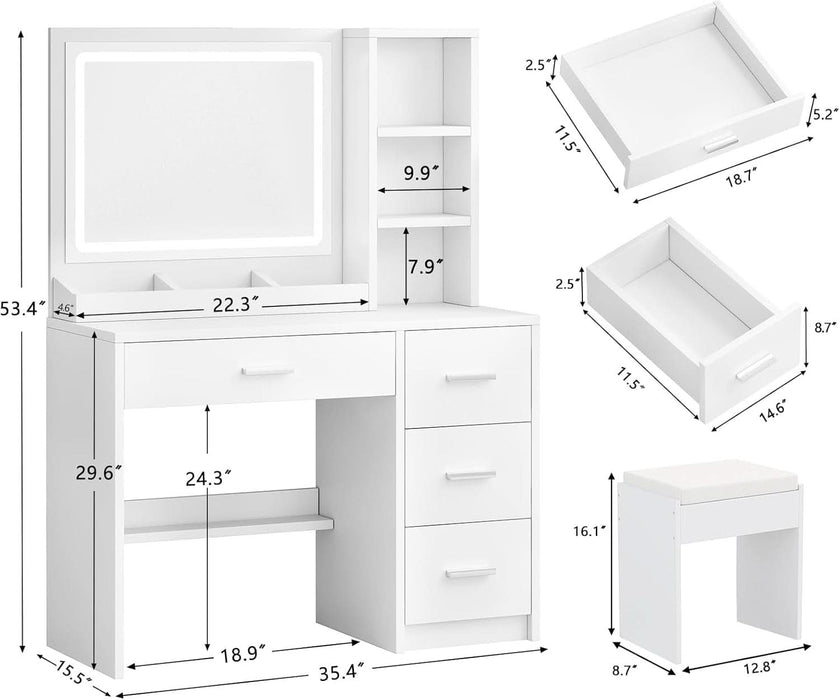 Vanity Desk with Mirror and Lights, 4 Drawers & Benches Vanity Desk Set, 3 Color Lighting Modes Adjustable Brightness Vanity for Bedroom Makeup Table