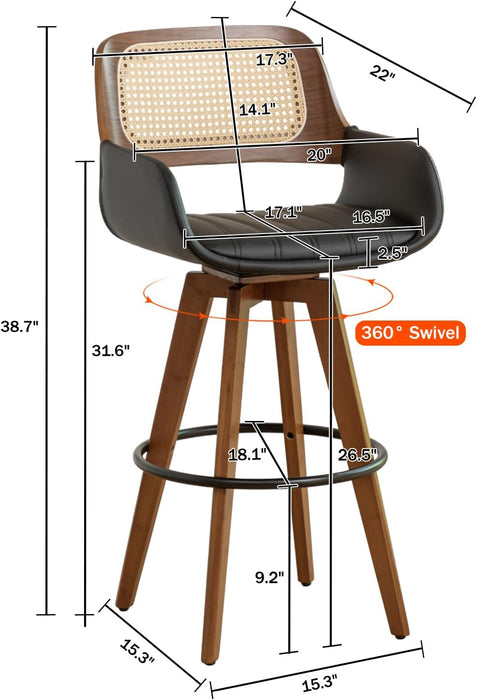 Rattan Swivel Bar Stools, Counter Height Bar Stools with Cane Back, Upholstered Seat, Faux Leather Upholstered Furniture for Island/Counter (Black, 26.5"-3 PCS)