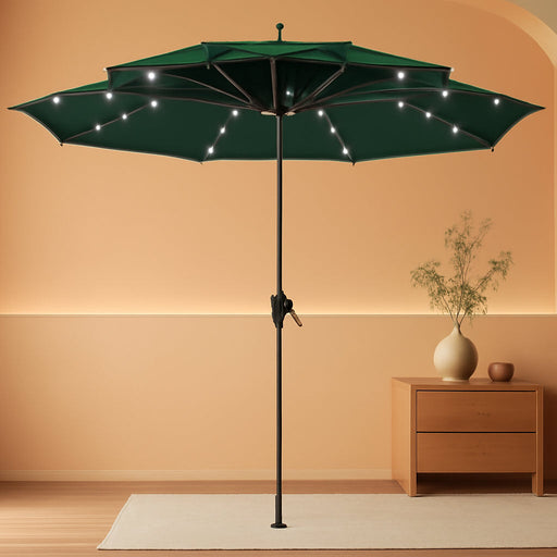 9 Ft 3-Tier Outdoor LED Lighted Patio Umbrella W/Crank, Dark Green