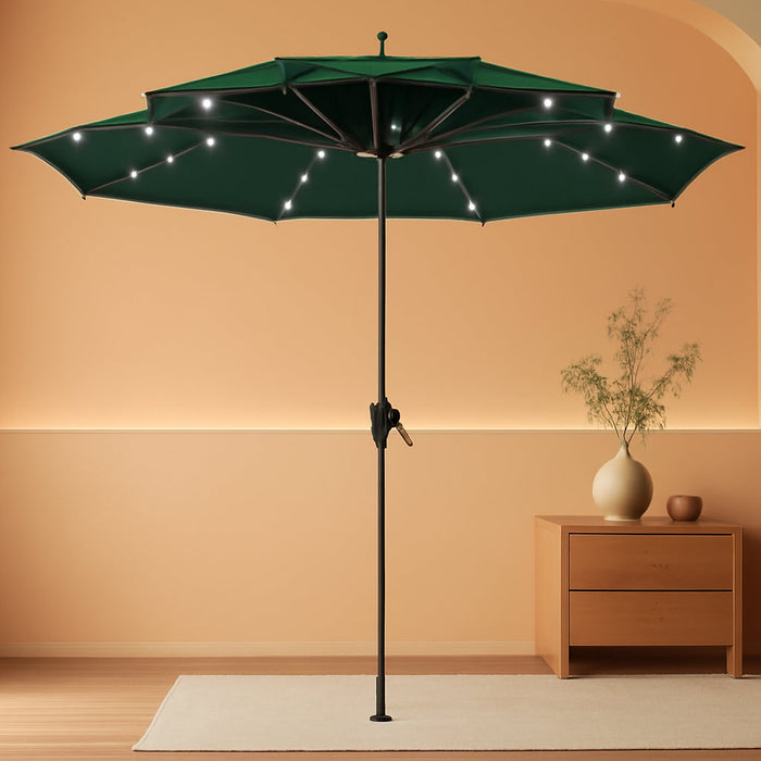 9 Ft 3-Tier Outdoor LED Lighted Patio Umbrella W/Crank, Dark Green