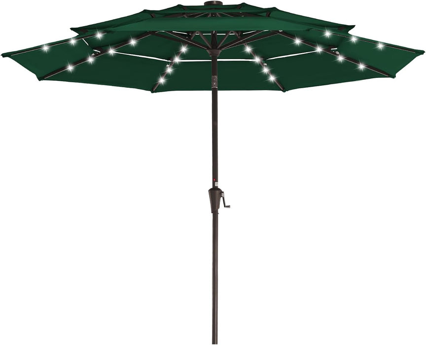 9 Ft 3-Tier Outdoor LED Lighted Patio Umbrella W/Crank, Dark Green