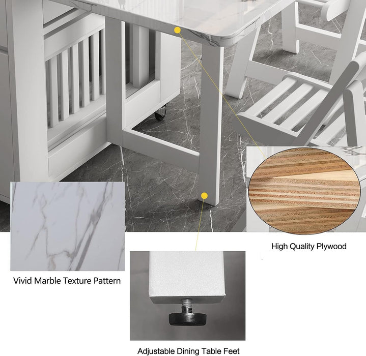 Folding Dining Table with Storage, Kitchen Table for Small Spaces | Foldable, Drop Leaf, Movable, 4 Wheels, Space Saving, Extendable, Marble Texture Top, for Apartment Kitchen Living Room White