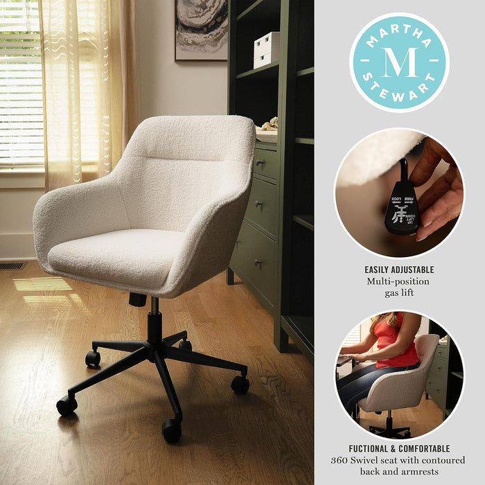 Rayna Swivel Task Chair with Flared Arms for Home Office in White Boucle with Oil Rubbed Bronze Frame