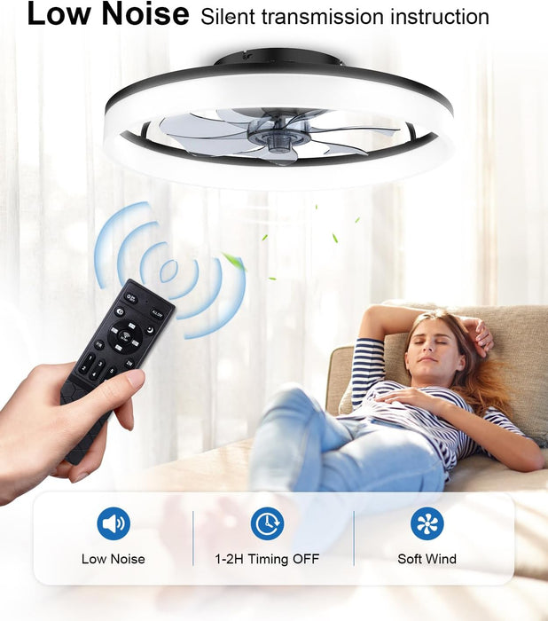 Ceiling Fans with Lights and Remote, 20" Fandelier Ceiling Fan Flush Mount, 3000K-6500K Smart Bladeless LED Fan Light, Modern Low Profile Ceiling Fan with Light for Bedroom, Kids Room and Living Room.