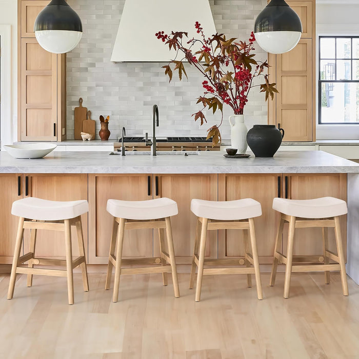 Bar Stools Set of 4, Barstools with Sturdy Wood Legs, Saddle Seat Counter Height Bar Stools for Kitchen Counter, Bar, Dining, 24 Inch Farmhouse Counter Stools, Beige Fabric