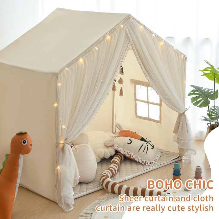 Kids Play Tent with Padded Mat, Kids Tents Indoor Playhouse for Toddler, Large Princess Castle Pompoms Play House Tent for Girl Bed Tents Toys for Boys Girl Birthday House Gift