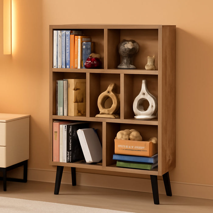 7 Cube Bookshelf 3 Tier Modern Bookcase with Legs,Wood Book Shelves Storage Organizer Shelf,Free Standing Bookcases,Oak Display Bookshelves