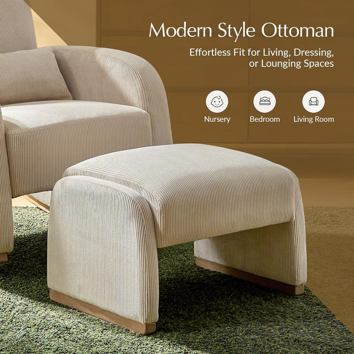 Modern Corduroy Ottoman with Solid Wood Legs, Foot Stools Ottoman with Versatile Footrest, Extra Seat & Decorative Accent, Beige