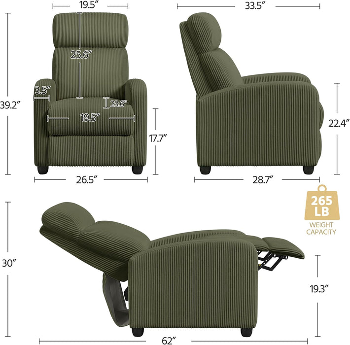 Corduroy Recliner Chair Single Sofa Home Theater Seating Adjustable Modern Reclining Chair for Living Room Bedroom Home Theater Dark Green