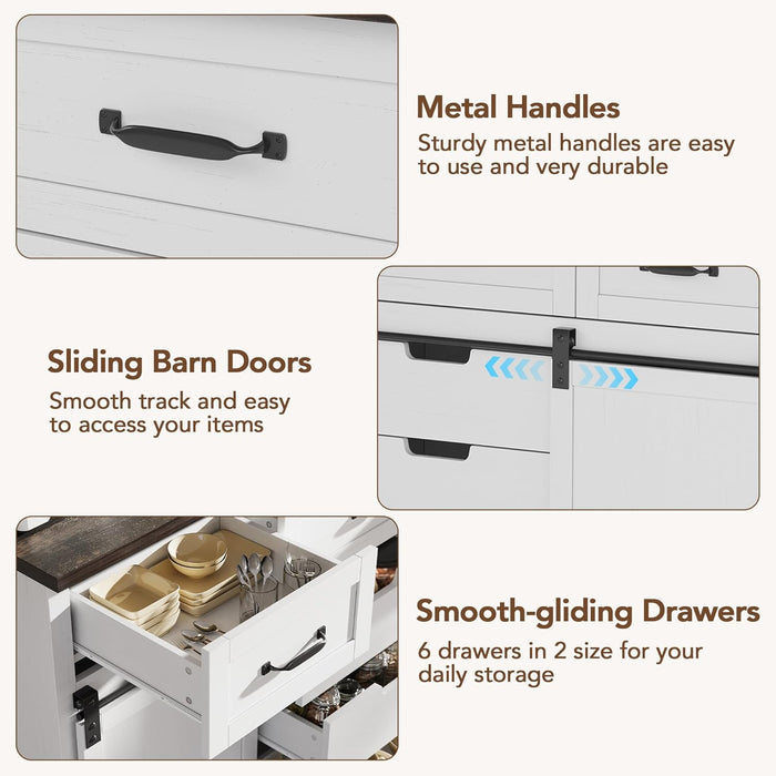 47.2 in Farmhouse Buffet Cabinet, Sideboard Cabinet with 6 Drawers, White Coffee Bar with Sliding Barn Doors for Dinning Room, Kitchen, Living Room