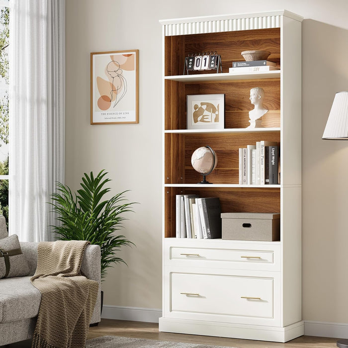 5-Shelf Bookcase with File Cabinet Drawer, 72" Tall Bookshelf, Modern Free-Standing Wood Bookcase, Large Open Display Storage Book Shelf for Living Room (1, White)