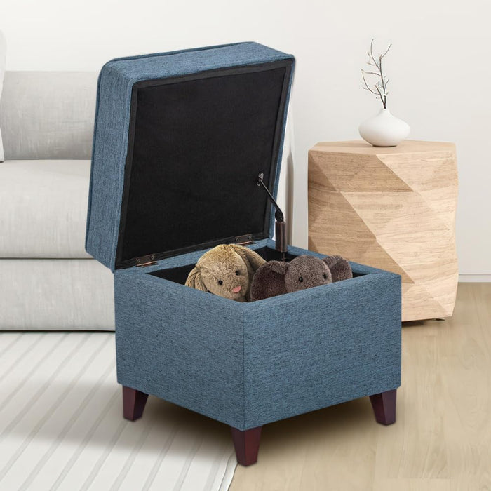 17" Square Ottoman with Storage, Small Blue Storage Ottoman Foot Rest with Hinged Lid & Solid Wood Legs, Linen Fabric Foot Stool for Living Room & Bedroom, Seasonal Home Refresh & Gifting