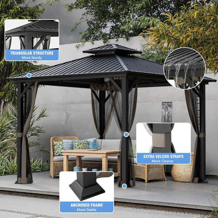10X10 Hardtop Gazebo, Metal Gazebo with Frame, Outdoor Gazebos with Mosquito Net, Double Roof Hard Top Gazebos for Patios