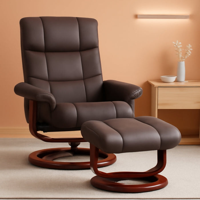 Massage Recliner Chair with Ottoman, Swivel Recliner and Footrest, Faux Leather Reclining Chair with Remote Control and Side Pocket, Brown