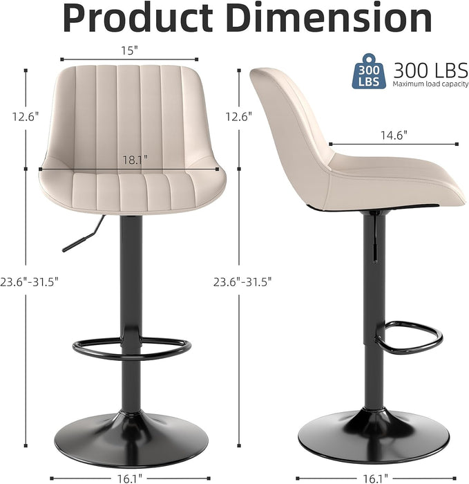 Adjustable Faux Leather Bar Stools Set of 3, Beige | Swivel, Counter Height, Back & Footrest, Armless, PU, Modern, Kitchen Island Stool, Upholstered Dining Room Chair