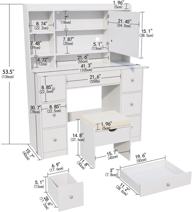 Vanity Desk with Mirror & LED Lights, Built-In Power Outlet, Dimmable LED Lighting, 7 Drawers & 7 Storage Compartments, Includes Padded Stool – Ideal Table for Bedroom Dressing Room (White)