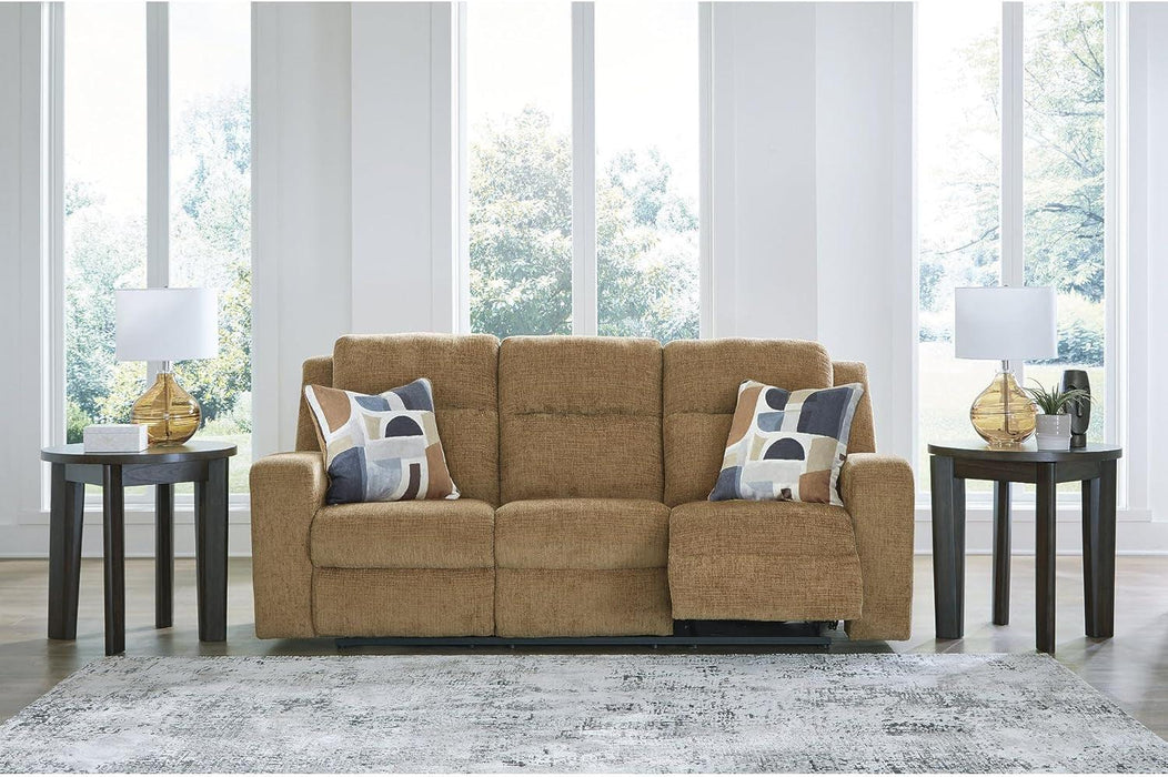 Kanlow Contemporary Manual Reclining Sofa with 2 Accent Pillows, Light Brown