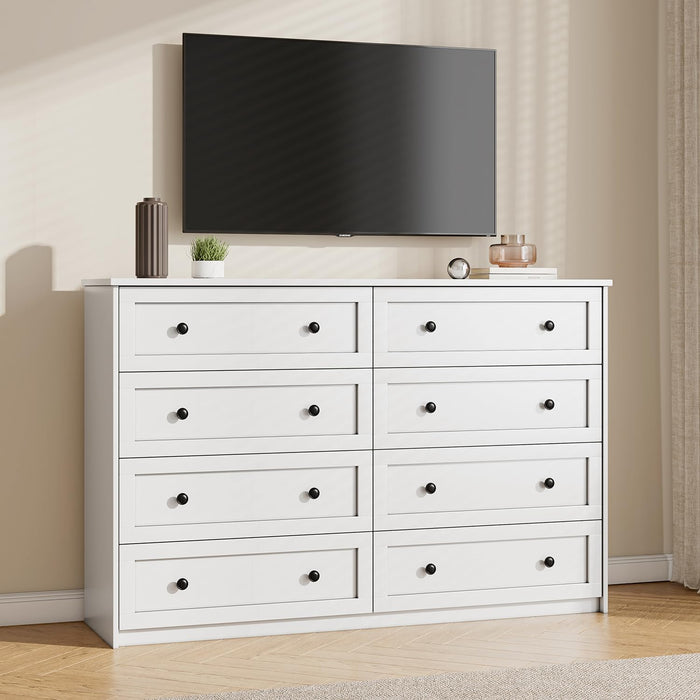 55In White 8 Drawer Double Dresser for Bedroom,Large Wood Storage Chest