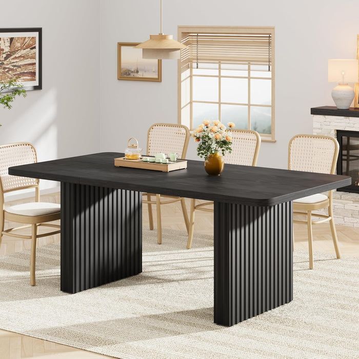 Modern Dining Table for 6-8, 71" Rectangular Farmhouse Kitchen Table with 3.6"×22.9" Black Fluted Wave Metal Legs & Wooden Top, Large Dining Table for Home Office, Dining, Black