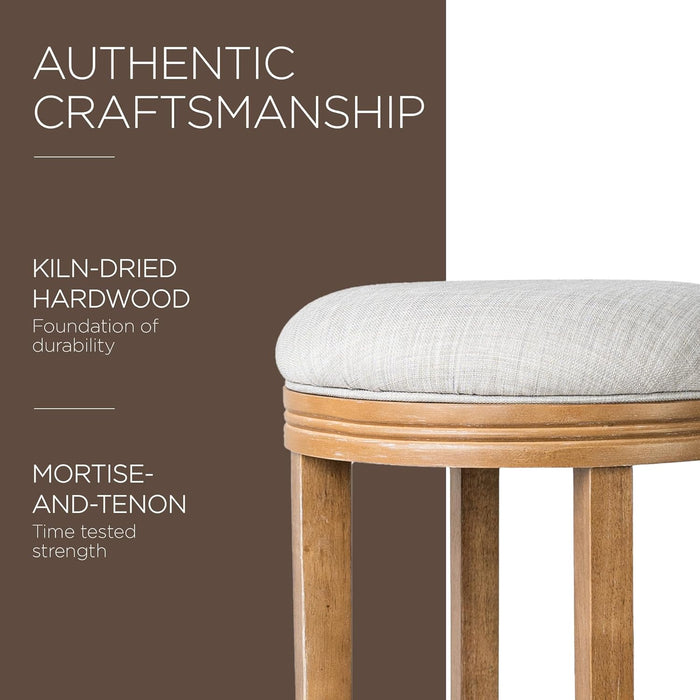 Eva 31 Inch Tall Bar Height Rotating Backless Barstool in Weathered Oak Finish with Sand Color Fabric Upholstered Seat