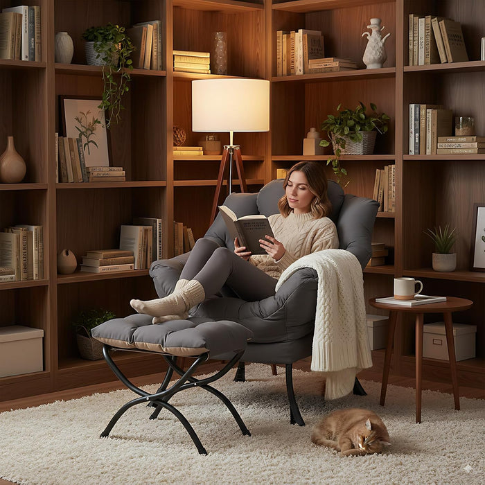 Dark Grey Velveteen Upholstered Ottoman Lounge Chair