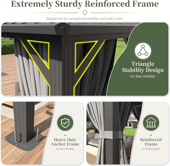 14'X10' Hardtop Gazebo with 4 LED Lights, Outdoor Gazebo with Galvanized Steel Double Roof, Patio Gazebo with Breathable Netting & Privacy Curtain, Decor Hooks for Backyard, Gray