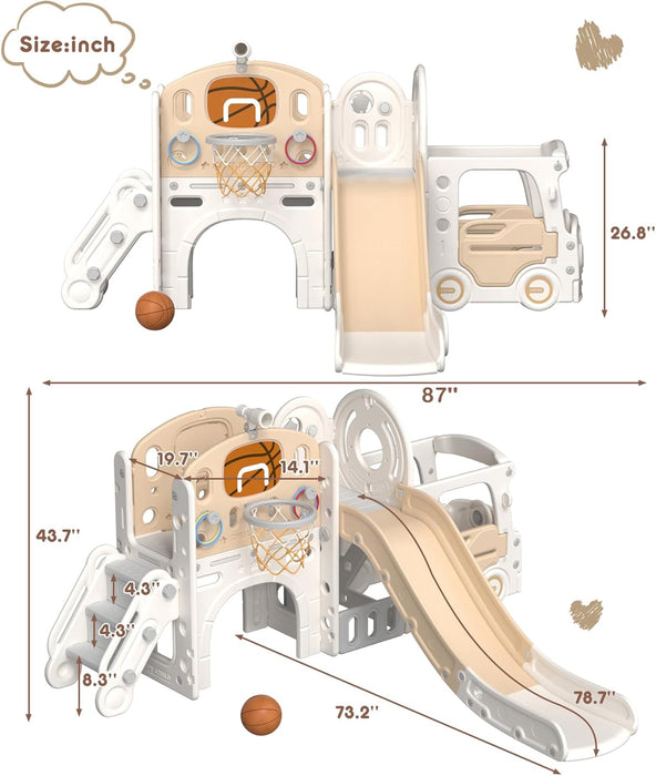 10 in 1 Toddler Slide Outdoor Playset Kids Slide Freestanding Slides with Bus Playhouse Telescope Basketball Hoop Ring Toss and Ball Indoor Playground for Kids Age 1+ Years(Beige)