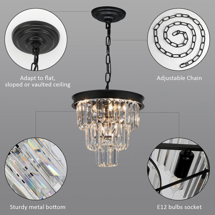 Crystal Chandeliers for Dining Room Light Fixtures over Table，4-Lights Modern Black Crystal Pendant Lighting Fixture，3 Tiers Small Chandeliers for Kitchen Island Bedroom Entryway D12 Inch