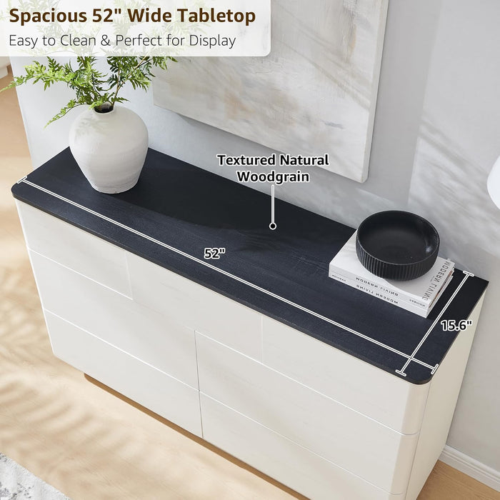 Modern 7 Drawer Dresser for Bedroom, 52" Wide Handleless Chest of Drawers, Large Push-To-Open Wood Storage, Dresser TV Stand for Bedroom, Living Room, Hallway, Curved Profile, off White